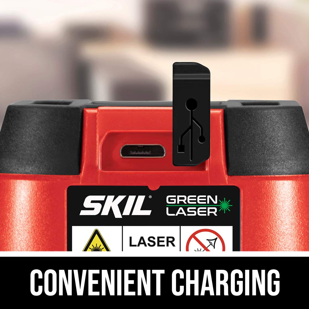 SKIL 65ft. Green Self-leveling Cross Line Laser Level with Horizontal and Vertical Lines, Rechargeable Lithium Battery with USB Charging Port, Clamp & Carry Bag Included - LL9324G-01 Skil