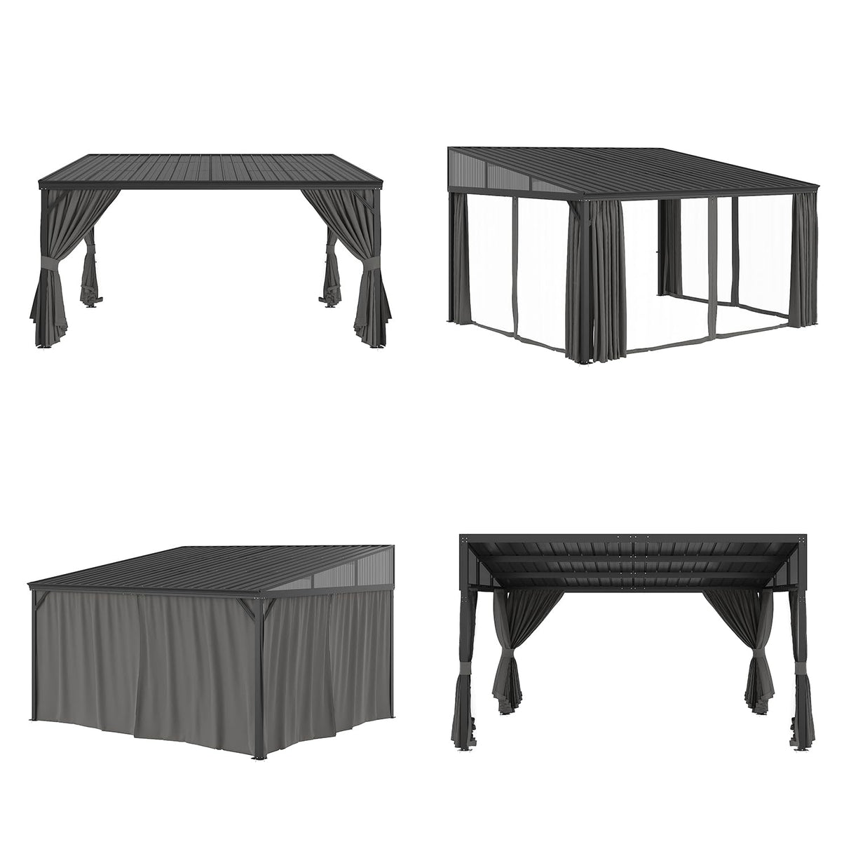 PIAOMTIEE Lean to Backyard Gazebo, Wall Mounted Heavy Duty Gazebo Outdoor Waterproof, Patio Pergola Awning with Iron Roof, Aluminum Frame, Mosquito Net, Curtains for Backyard, Grey + Brown(12x14FT) PIAOMTIEE