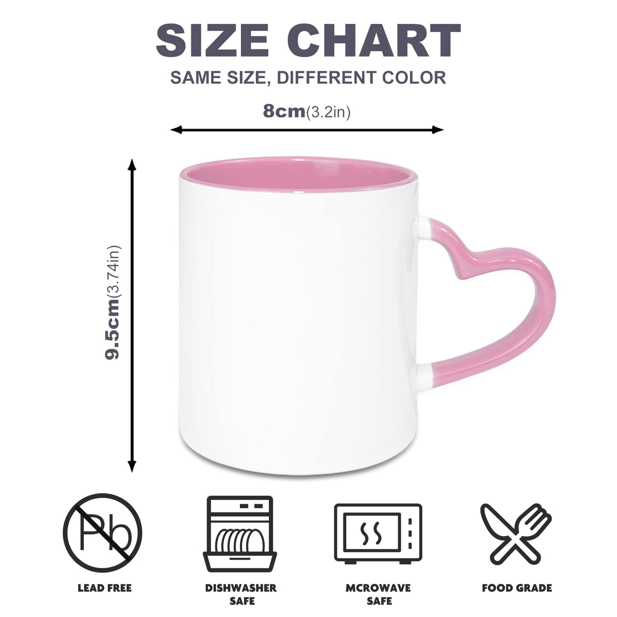 Sumex 11oz Set of 12 Sublimation Blanks Ceramic Coffee Mug with Heart Handle for Tea, Milk, Latte, Hot Cocoa,Pink Inner and Handle Sumex