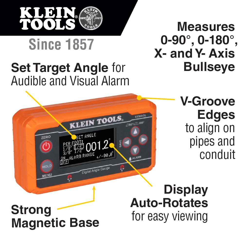 Klein Tools 935DAGL Digital Level Angle Finder with Programmable Angles, Measures 0 - 90 and 0 - 180 Degree or Dual Axis Bullseye Ranges Klein Tools
