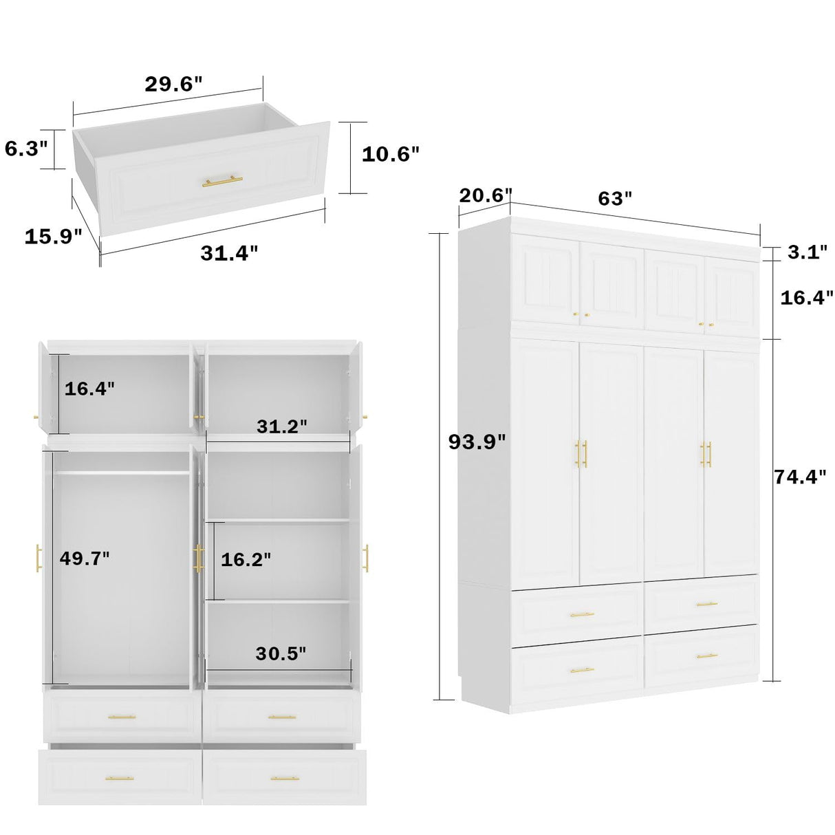 MOUMON 4 Door Wardrobe Closet with 4 Drawers & Shelves, Armoire Wardrobe Closet with Hanging Rod, Top Cube Storage, Closet for Bedroom White and Gold (63”W x 20.6”D x 93.9”H) MOUMON