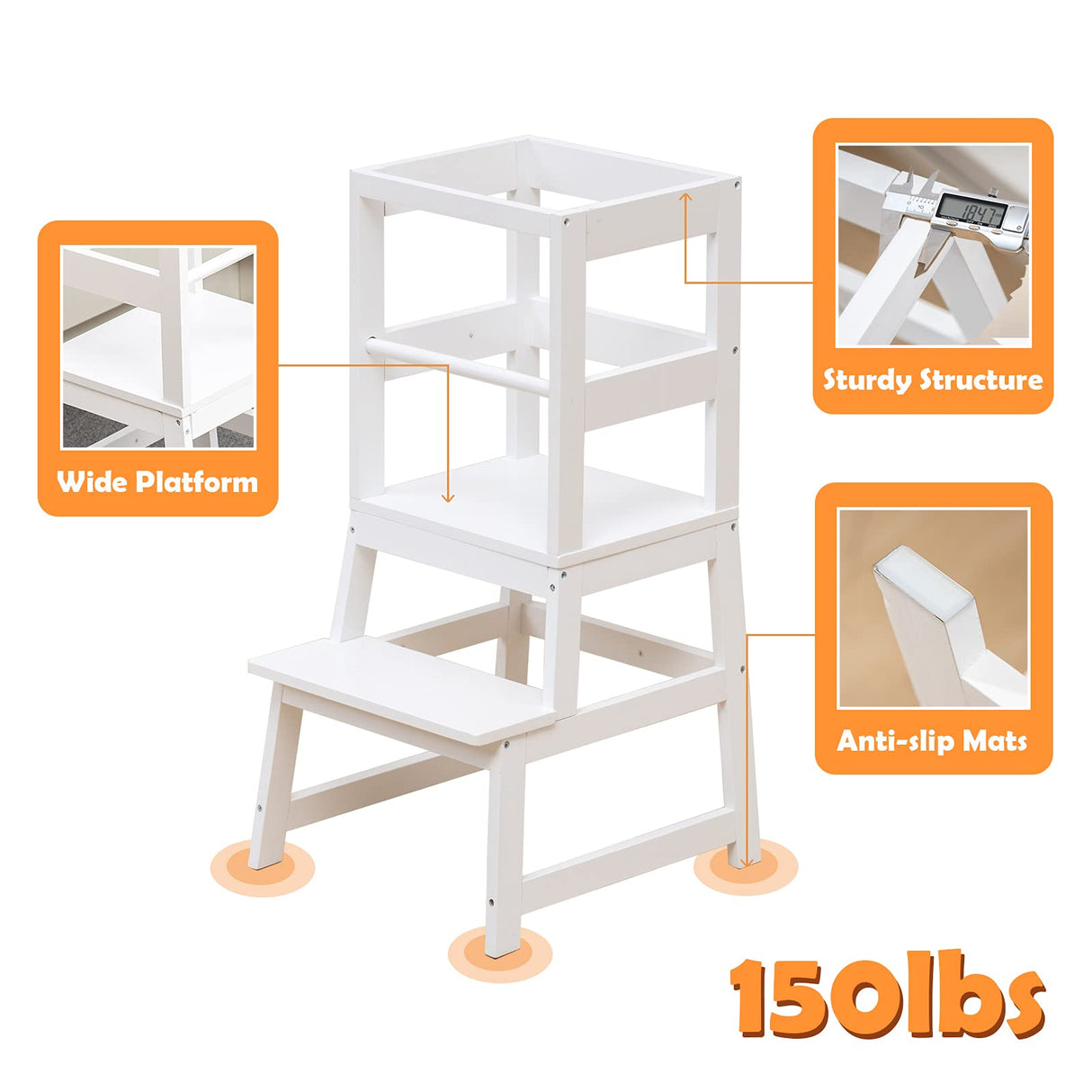 Kitchen Step Stool for Toddlers with Non-Slip Mat, WOOD CITY Wooden Kids Montessori Learning Stool Tower, Toddler Standing Tower Helper for Kitchen Counter and Bathroom Sink(White) WOOD CITY
