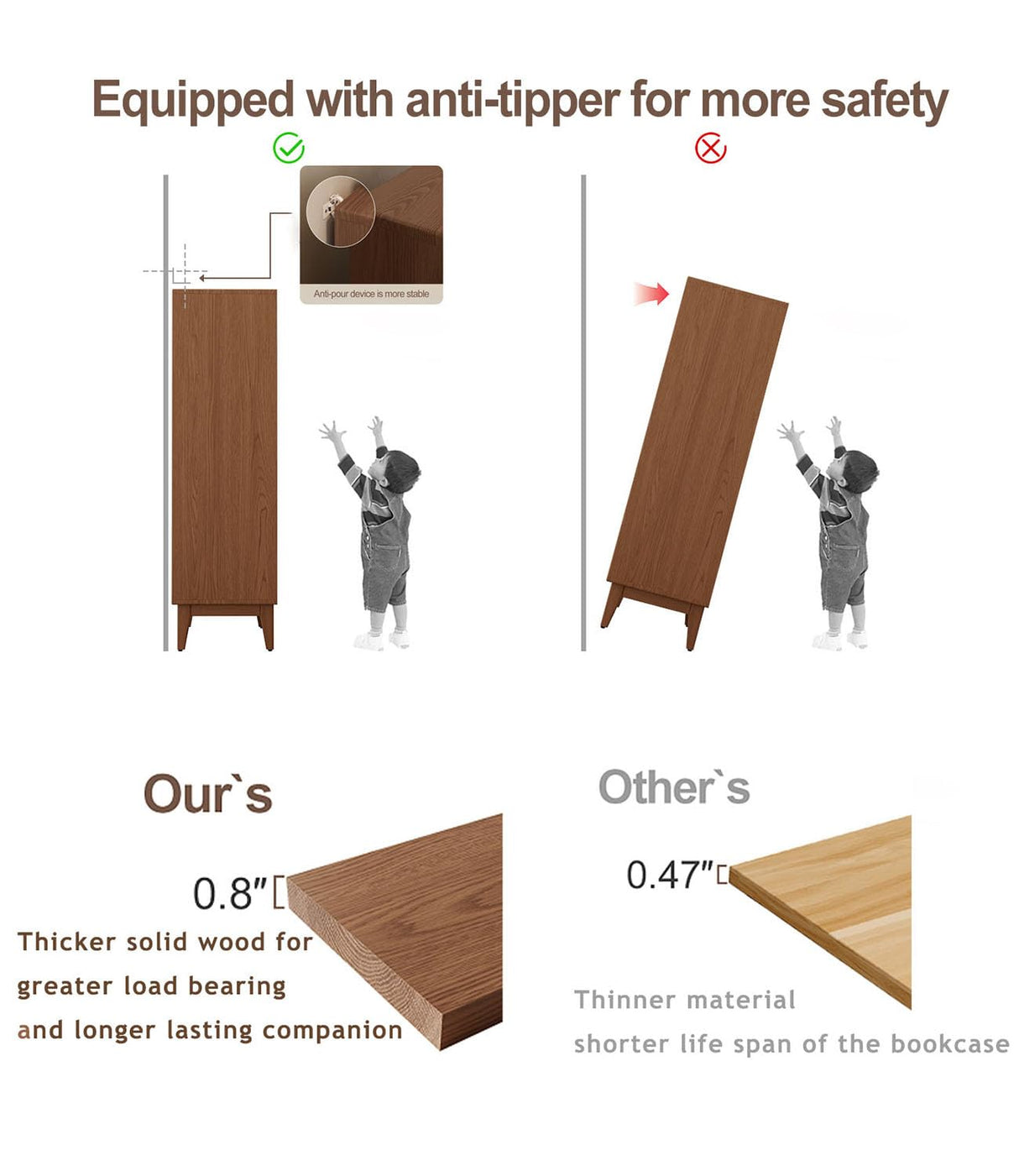 3 tier solid wood book case with corrugated tempered glass doors, dusty wooden bookshelf dark brown Flip-Up Glass Front Doors book cases/shelves for home office room with installation tool AnywaysWood