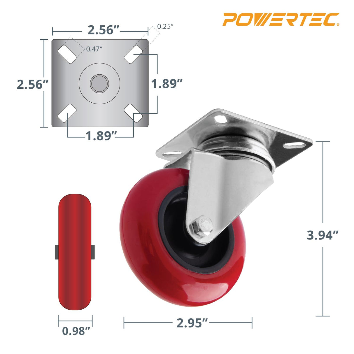 POWERTEC 3 Inch Swivel Caster Wheels Set of 4 with 640 lbs Loads, Heavy Duty Plate Casters, PU Castor Wheels for Furniture, Cart, Dolly and Workbenches (17206) POWERTEC