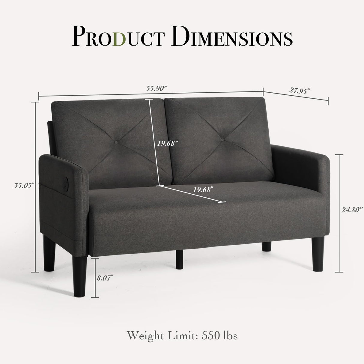 CHYMSUN 56" W Loveseat Sofa, Mid Century Modern Sofa Couch w/ 2 USB & Side Pocket, Small Love Seat Sofas for Living Room, Tufted Couches for Small Spaces, Bedroom, Office, Apartment (1, Dark Grey) CHYMSUN