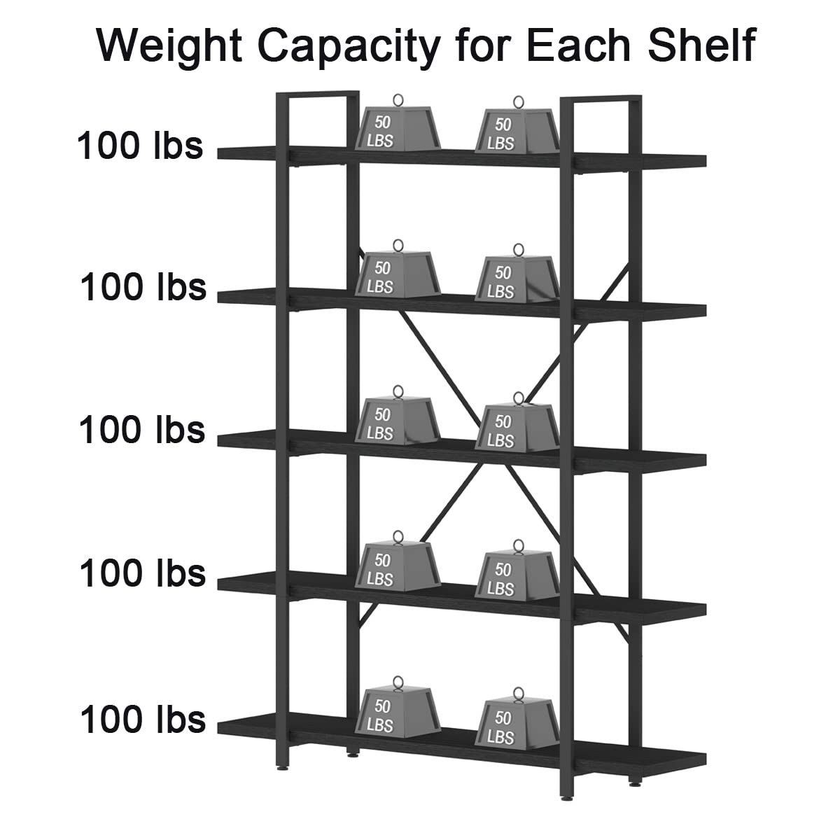 HSH 5 Tier Tall Black Bookshelf, Wood and Metal Storage Book Rack, Industrial Modern Etagere 5 Shelf Bookcase, Large Wide Open Display Book Shelf for Bedroom Living Room Office, Bookshelves Heavy Duty HSH