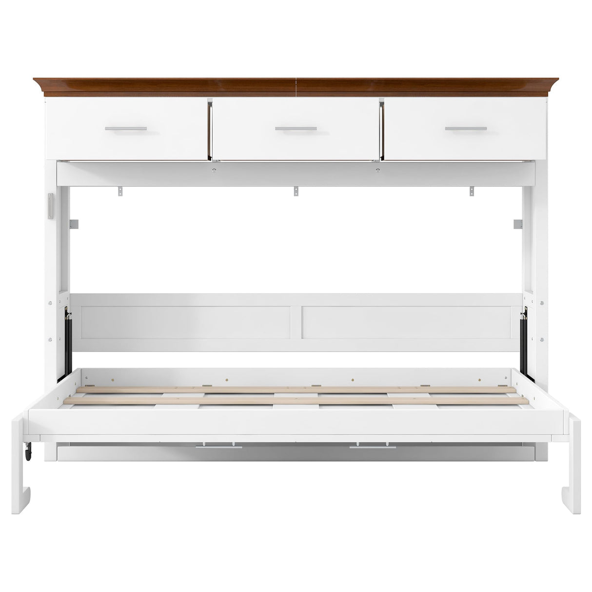SOFTSEA Twin Size Horizontal Murphy Bed with Storage Drawers, Foldable Wall Bed with Walnut Top, Twin Hideaway Cabinet Bed Space-Saving for Guest Room Bedroom Office, White SOFTSEA