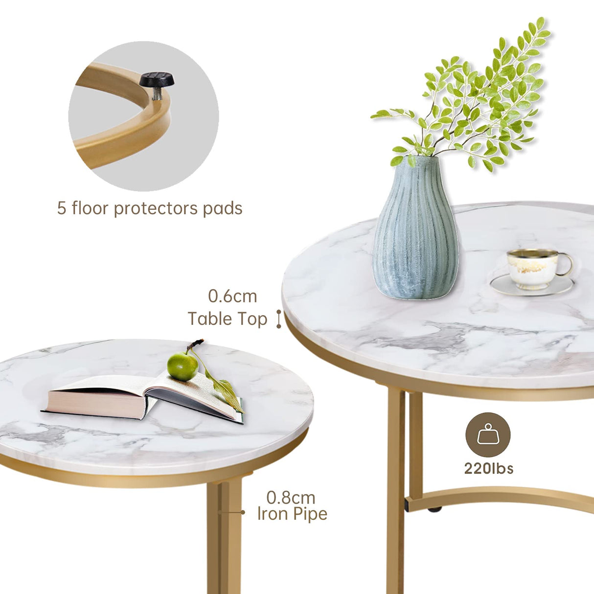 aboxoo Coffee Table Nesting White Set of 2 Side Set Golden Frame Circular Round and Marble Pattern Wooden Tables, Living Room Bedroom Apartment Modern Industrial Simple Nightstand aboxoo