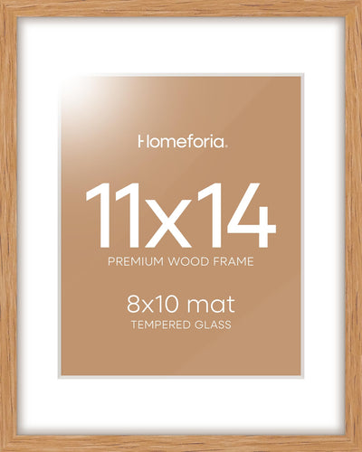 Homeforia 11x14 Picture Frame Wood, Premium Oak Wood Frames 11x14 with 8x10 Mat, 11 x 14 Natural Wooden Photo Frame for Wall, Tempered Glass, Wall Hook Included, Set of 1