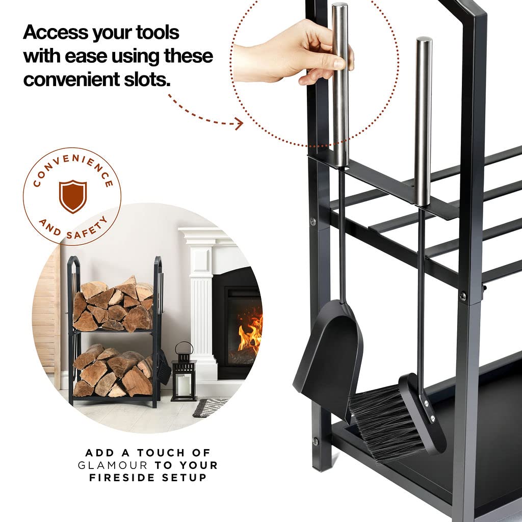 HOME IT Firewood Rack Indoor Outdoor - 2-Tier Firewood Holder with Fireplace Tools Set, Brush, Shovel, Poker, Tongs - Waterproof Steel Pipe Log Holder, Black Stove Wrought Iron - 17x12x29 HOME IT