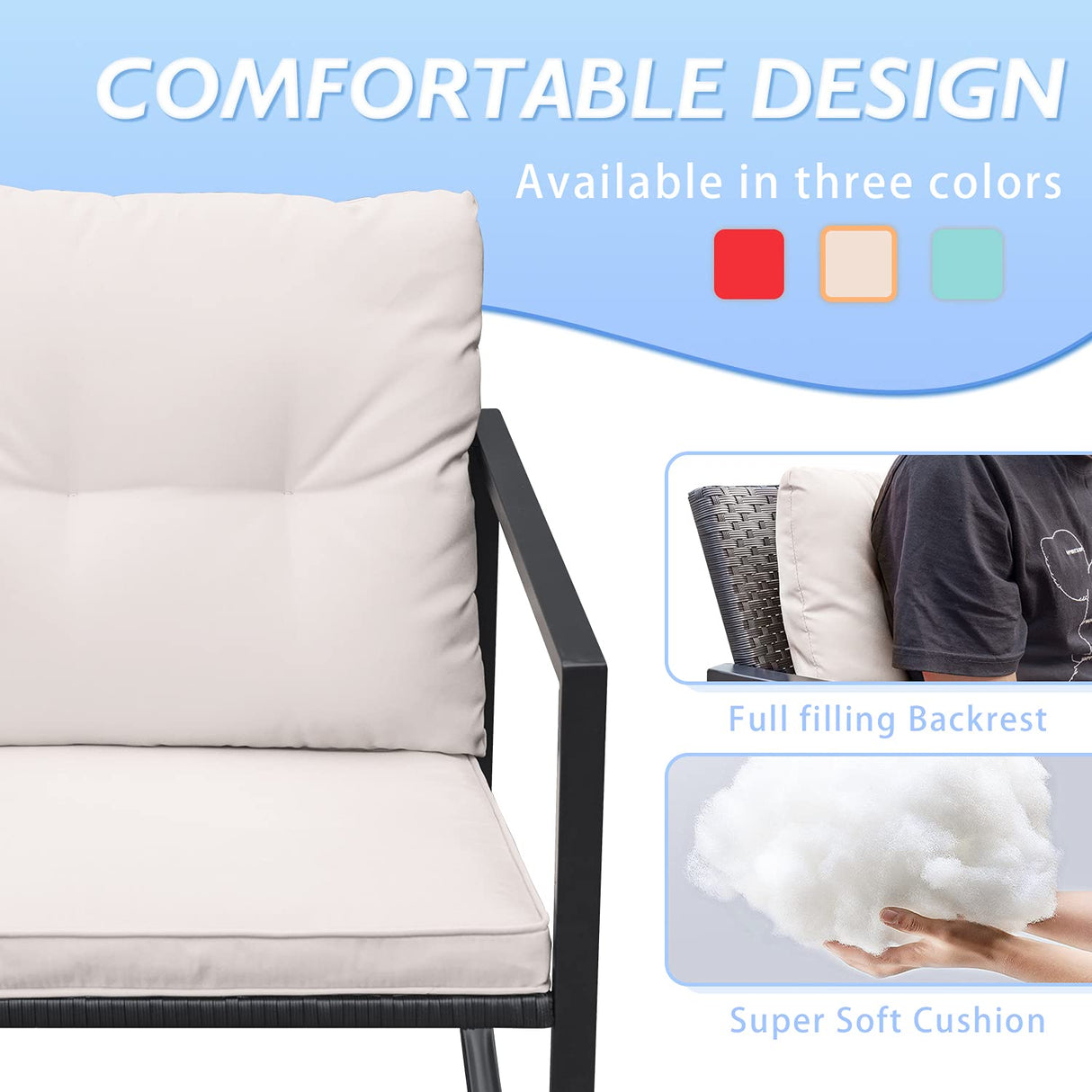 Greesum 3 Pieces Rocking Wicker Bistro Set, Patio Outdoor Furniture Conversation Sets with Porch Chairs and Glass Coffee Table, Beige Greesum