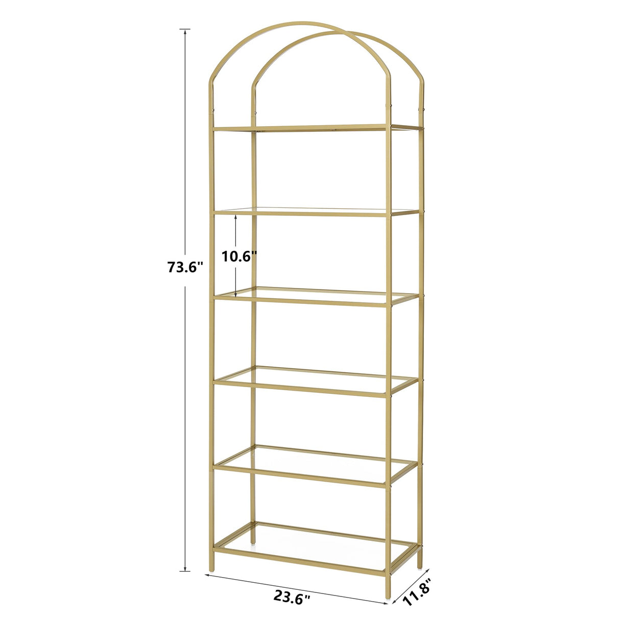 Homhedy 6-Tier Bookshelf Arched Display Racks, Metal Bookcase, Tempered Glass Shelves, Storage Rack Shelf for Home Office, Living Room, Bedroom, Bathroom, Modern Style, Golden Homhedy