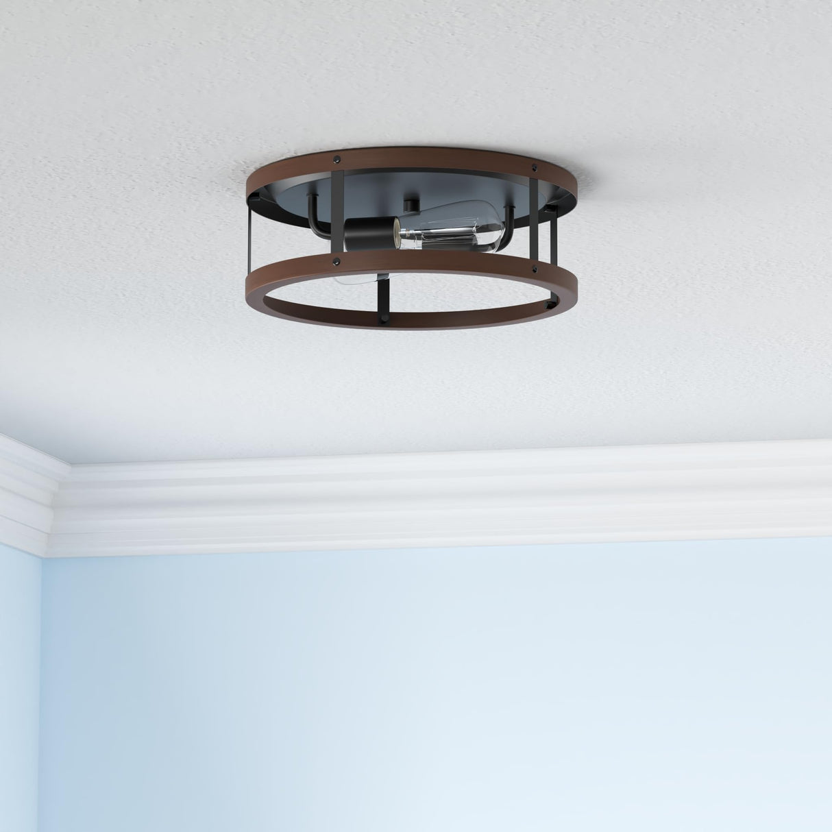 EAPUDUN Farmhouse Ceiling Light, 13‘’ Imitation Wooden Flush Mount Ceiling Light Fixtures, Retro 2-Light Ceiling Lamp for Hallway Entryway Bedroom Kitchen Dining Room FMA1138-FBDT EAPUDUN