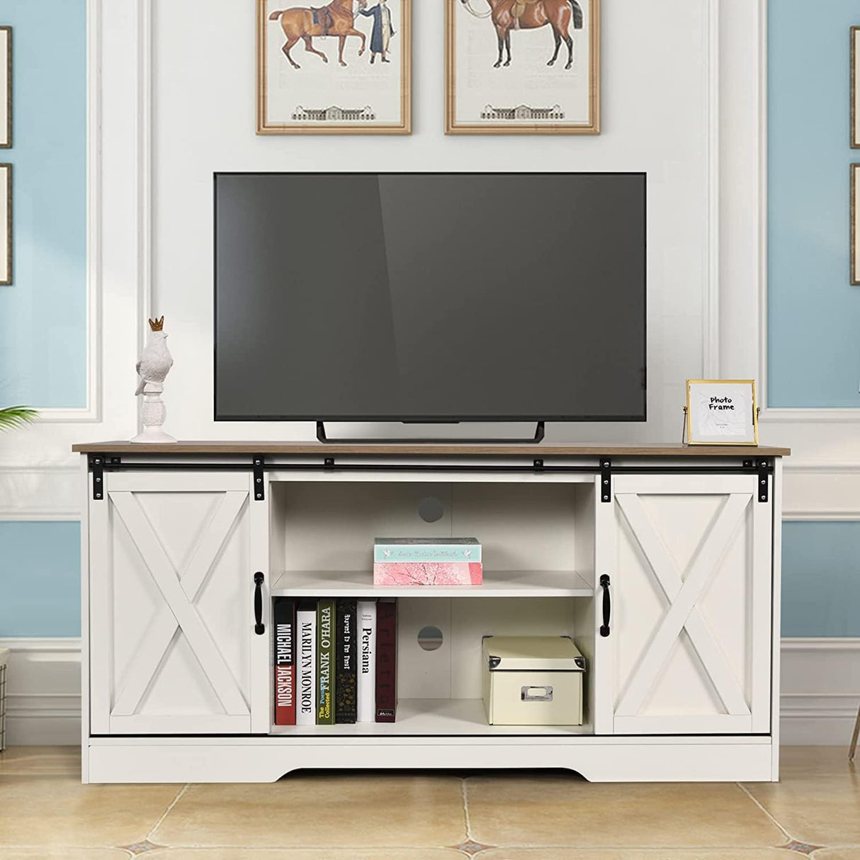 4 EVER WINNER White TV Stand for 65 inch TV for Living Room, Modern Farmhouse Barn Door TV Stand with Storage Cabinets and Adjustable Shelves for Bedroom, Media Entertainment Center TV Console Table 4 EVER WINNER