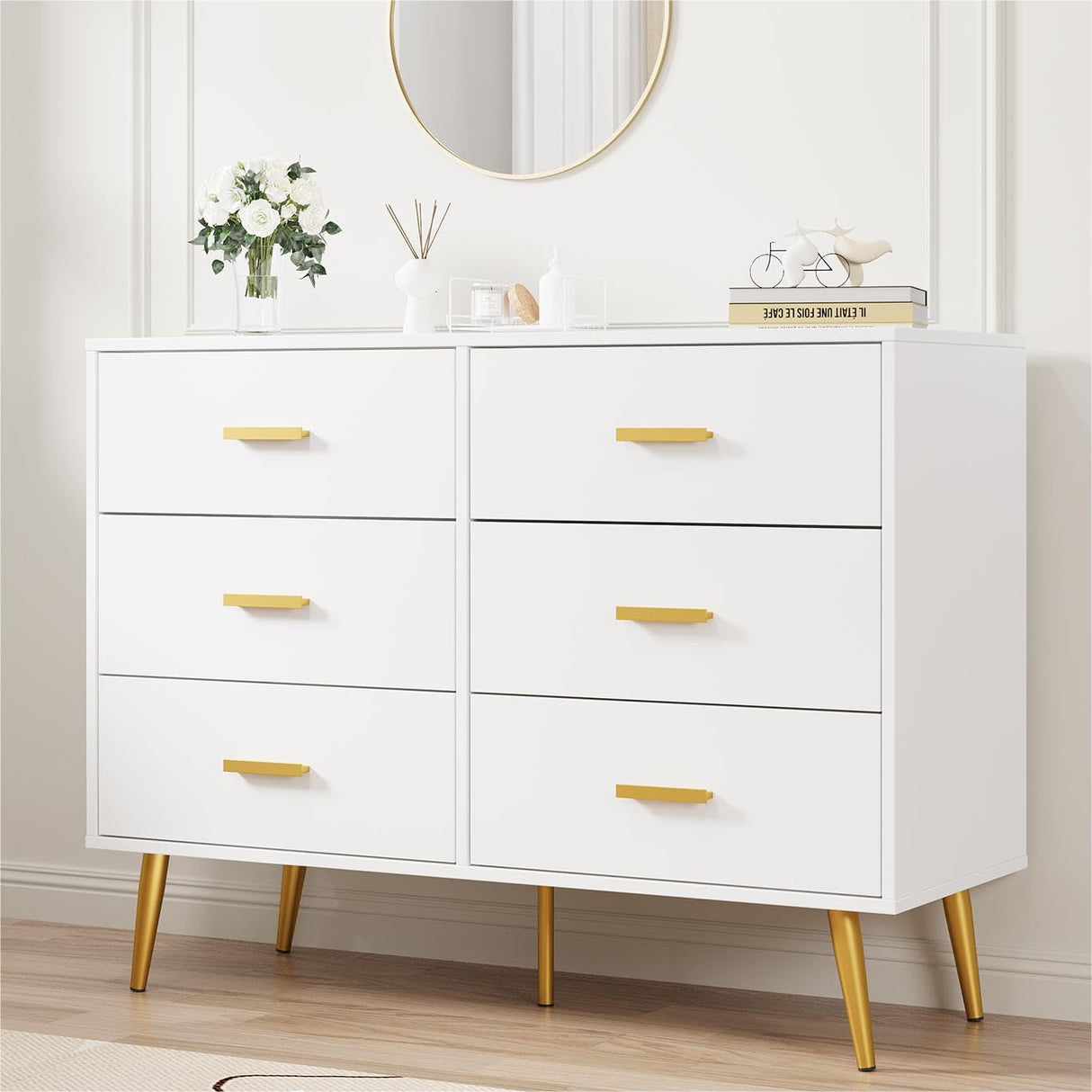 GarveeHome 6 Drawer Dresser, Modern Wooden Dresser with Gold Handles and Storage Space, Chest of Drawers for Bedroom, Hallway, Living Room and Entryway, White GarveeHome