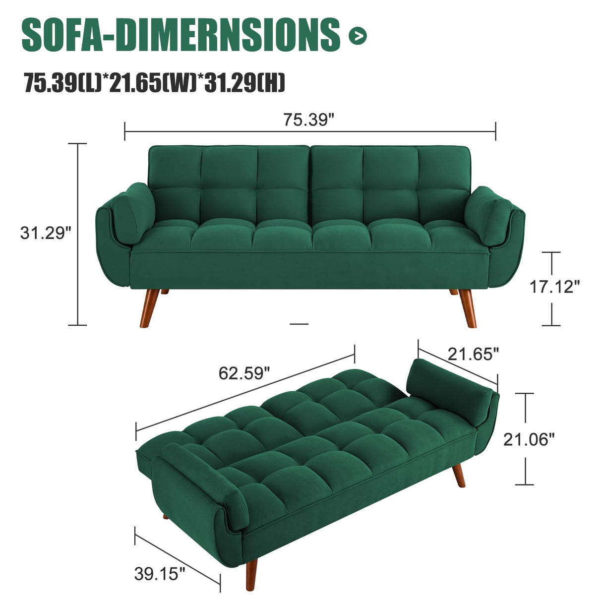 liuyouhom Convertible Futon Couch Bed, Sleeper Sofa Bed with Adjustable Backrests, Linen Loveseat Sofa 3 Seater Comfy Couch for Small Spaces, Living Room, Bedroom(Green, 75") liuyouhom