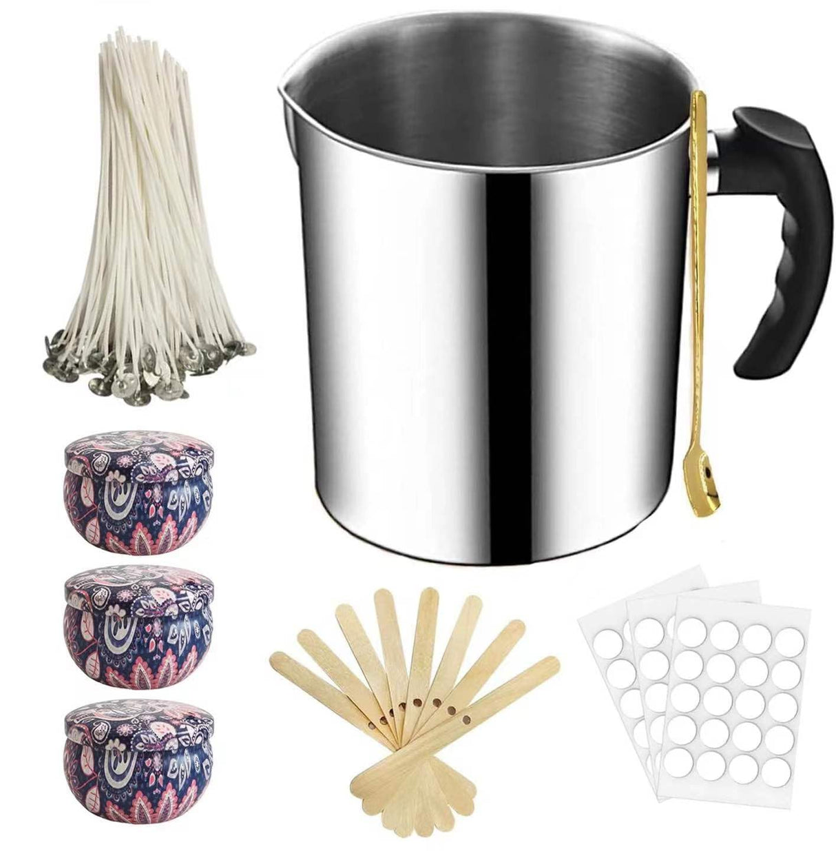 Harnico Candle Making Kit with Candle Wax Melter 1300ML Melting Pot 304 Stainless Steel Candle Pouring Pot for Melting Wax, Including 100pcs Candle Wicks, Mixing Spoon, Center Devices, Wick Sticker Harnico