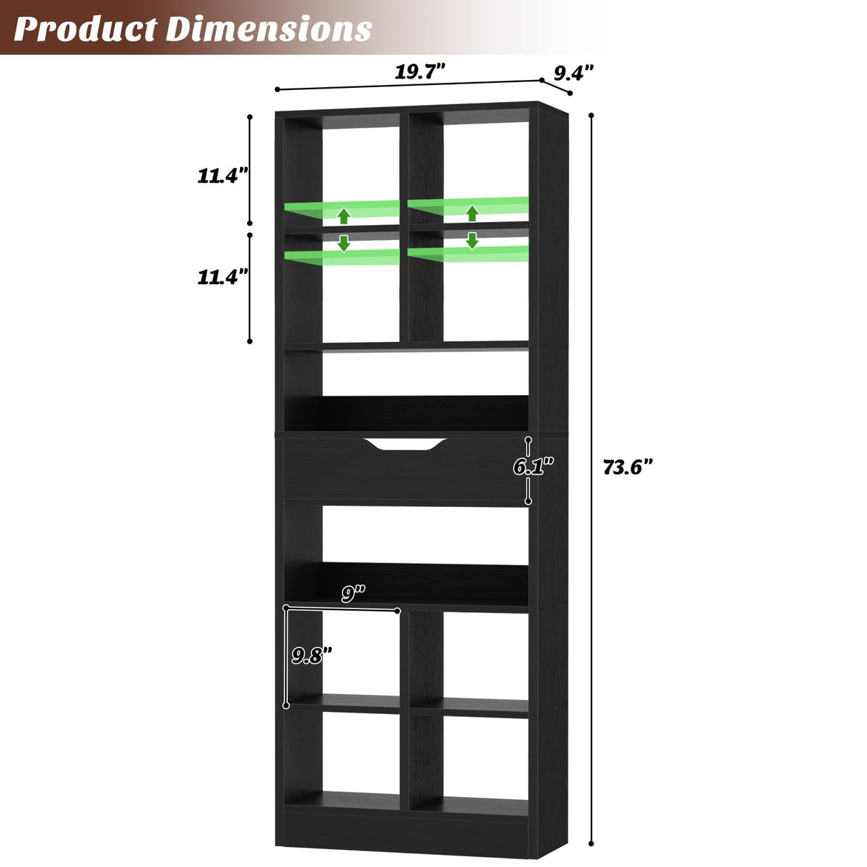 Armocity 8-Tier Book Shelf with Drawer, 73.6" Tall Bookcase and Bookshelf Modern Freestanding Open Display Shelves for Living Room Home Office, Bedroom, Black Armocity