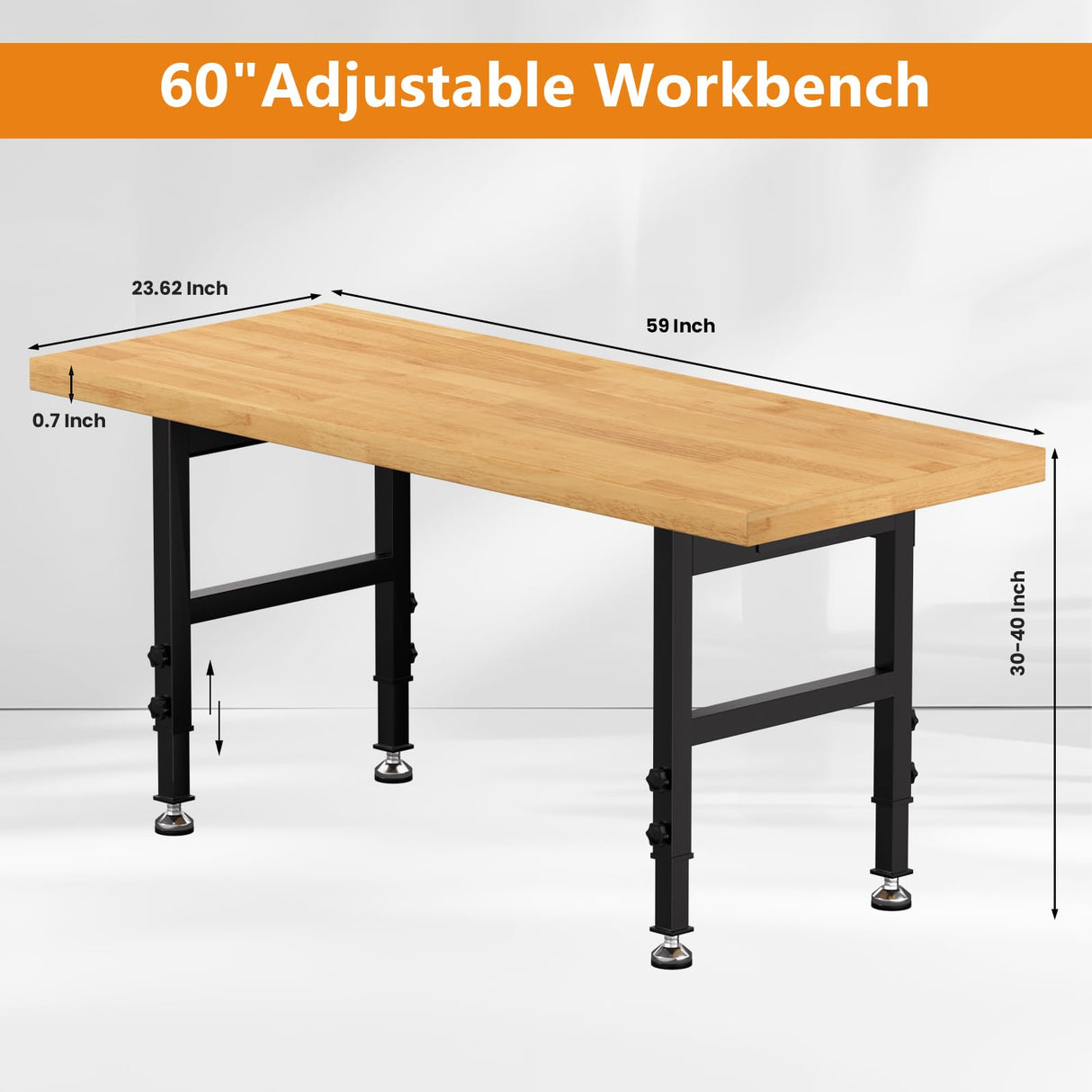 Pelnuies 60" Work Bench, Adjustable Height Workbench with Rubber Pad, Heavy-Duty Work Table with Power Outlets, 2000 LBS Capacity Workstation for Garage, Workshop, Office, Home Pelnuies