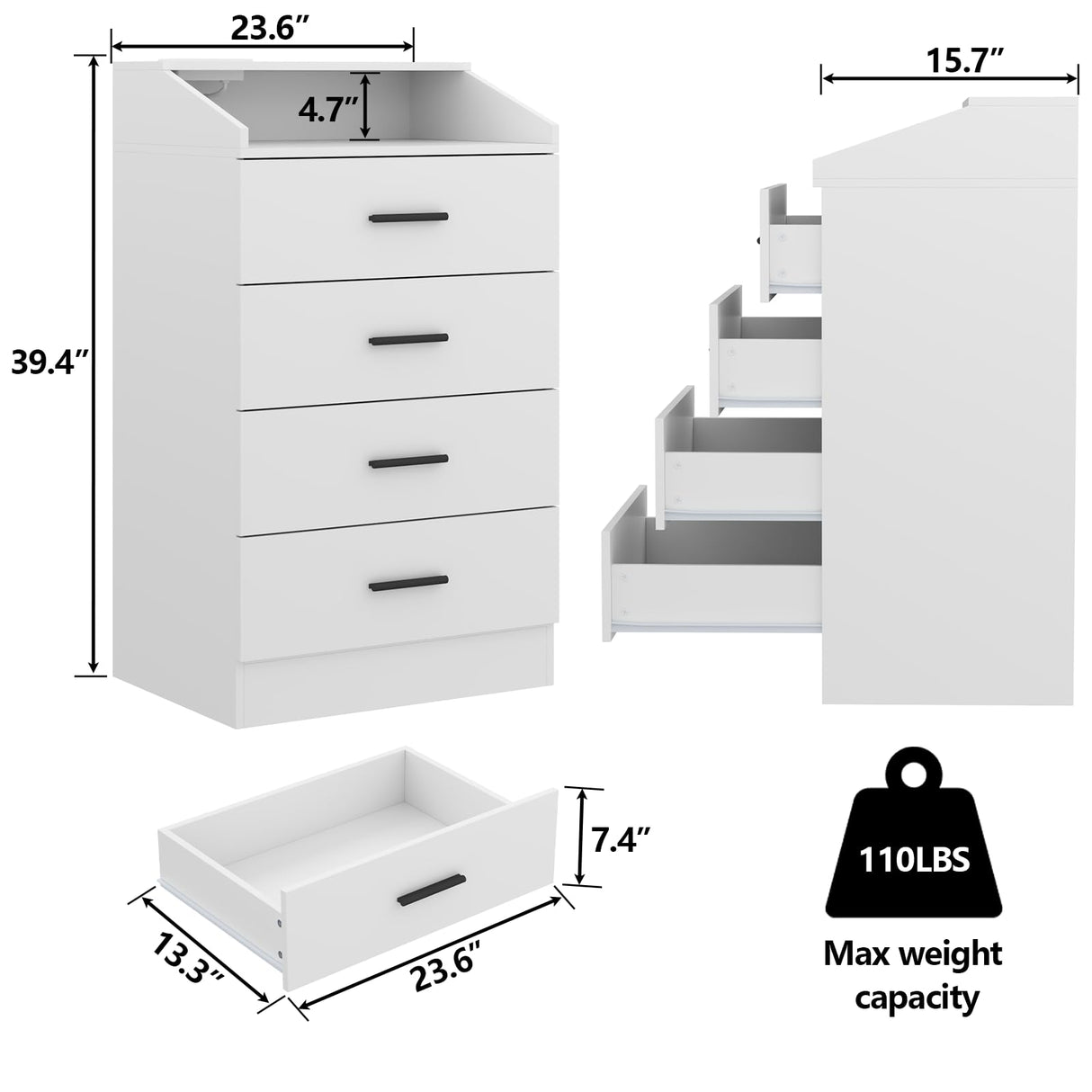 4 Drawer Dresser for bedroom with LED Light, Modern Dresser with Power Outlet, White Dressers with Open Storage Cubby, Chest of Drawers Storage Organizer for Bedroom, Hallway, Living Room(White)โฆ Gyfimoie