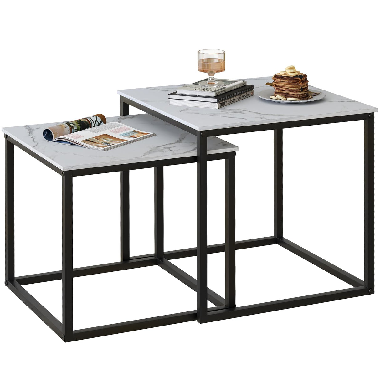 VILAWLENCE Coffee Table Set of 2, Modern Black Wooden Side Table, Metal Frame Square End Table, Center Tables,Nesting Coffee Table for Living Room,Bedroom and Small Spaces VILAWLENCE