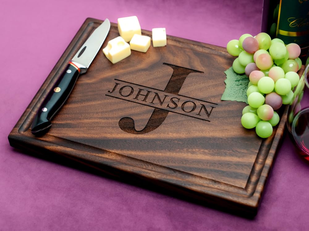 Straga Personalized Cutting Boards | Handmade Wood Engraved Charcuterie | Custom Wedding, Anniversary or Family Reunion Gift for Chef or Kitchen (Initial Design No.201) Straga