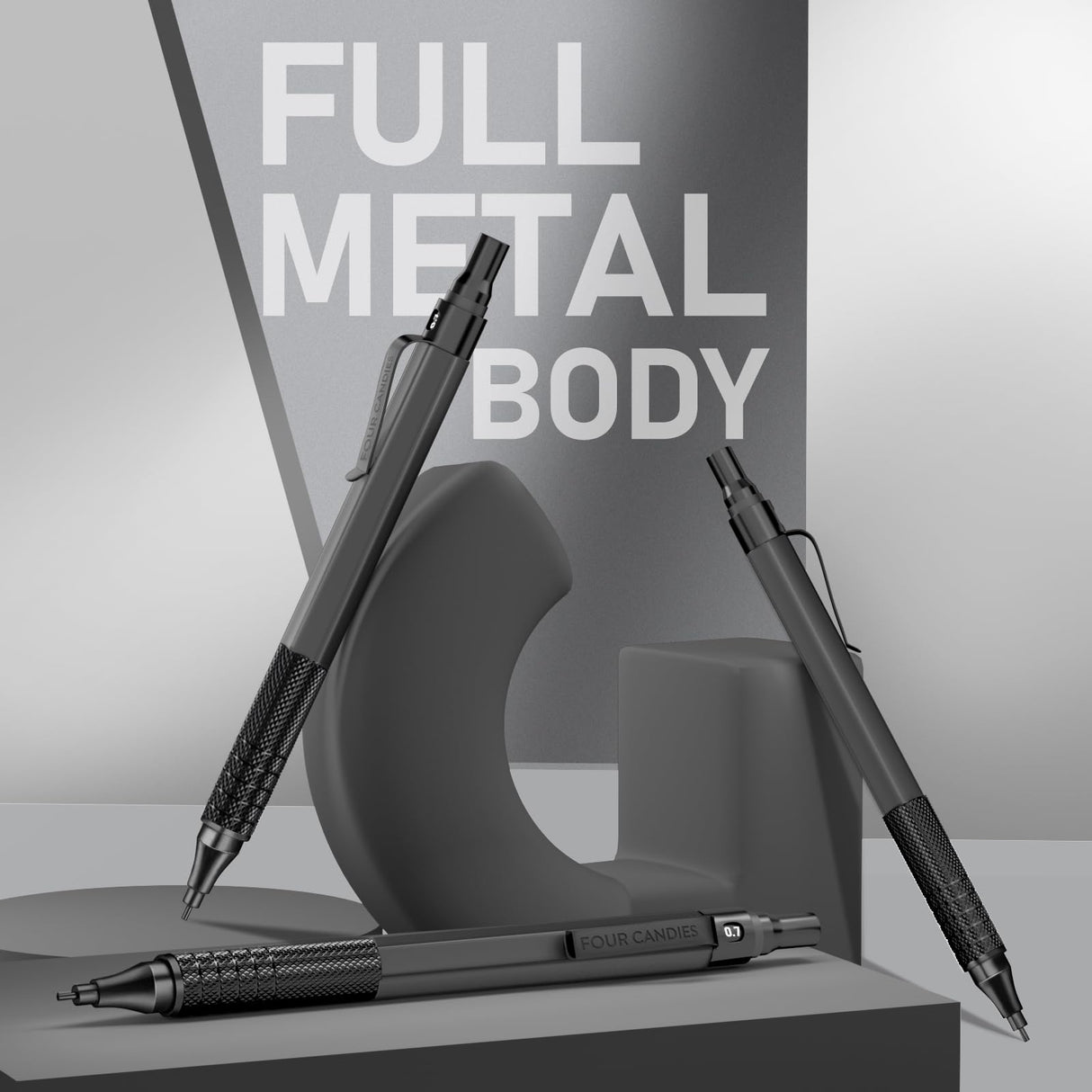 Four Candies Mechanical Graphite Pencil Set, 3pcs Black Metal Pencils with Anti-Skid Grip, Ideal for Artists, Professionals, Teachers and Students Four Candies