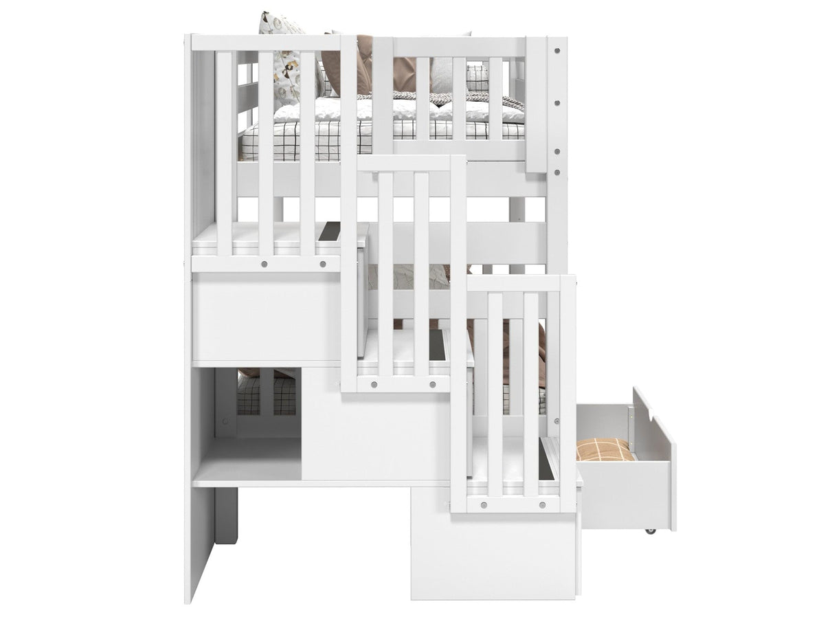 Bedz King Stairway Bunk Beds Twin over Twin with 3 Drawers in the Steps and 2 Under Bed Drawers, White Bedz King