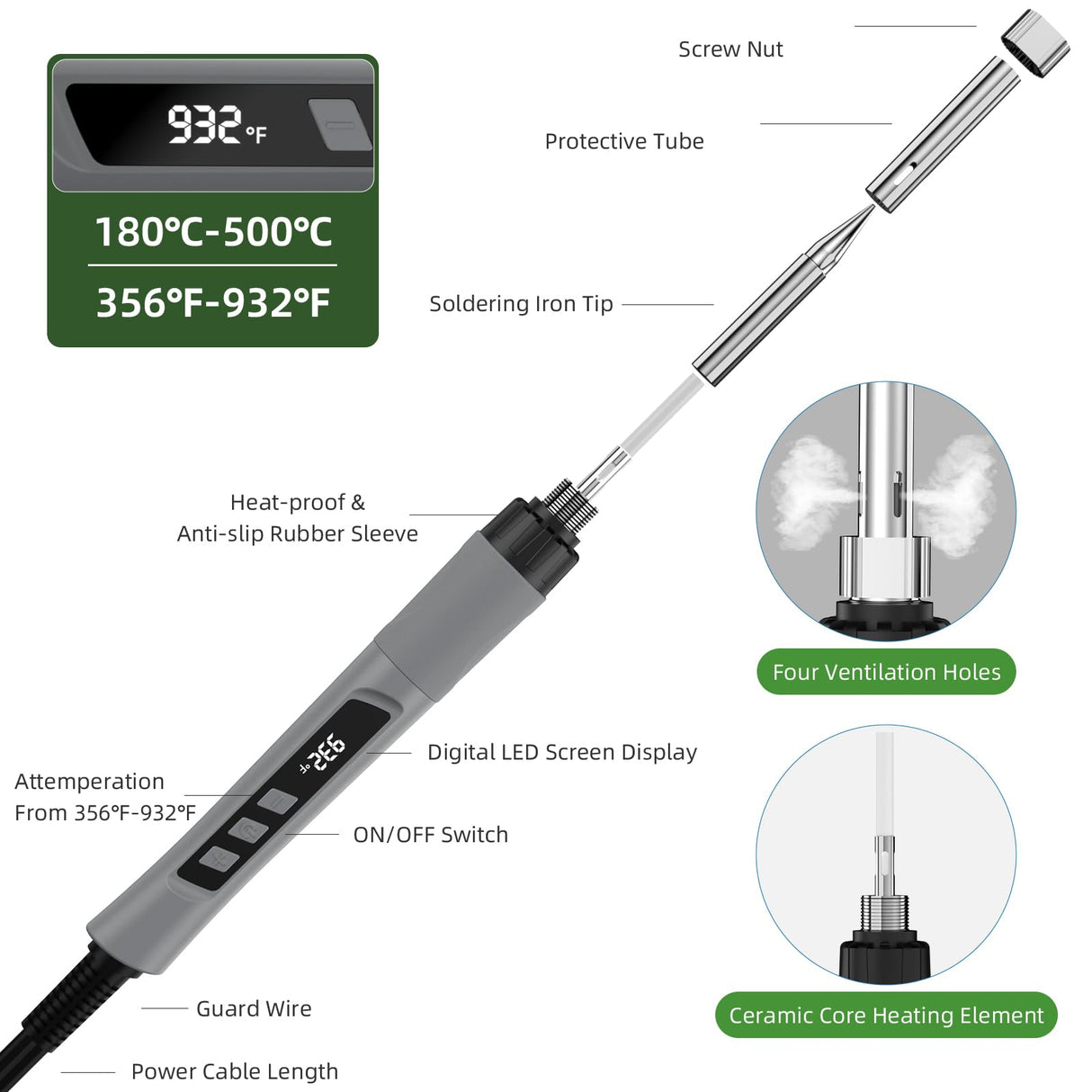 Soldering Iron Kit, 190W Soldering Gun, 110V LED Solder Kit for Electronics, Adjustable Temperature 356-932℉, Includes Solder Wire, Tips, Stand, Sponge and Flux Paste, Grey Crtsweker