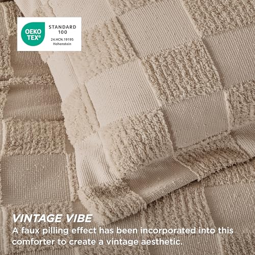 Bedsure Twin/Twin XL Size Comforter Set Khaki, Boho Tufted Bed Set, Checkered Farmhouse Shabby Chic Bedding, 2 Pieces, 1 Plaid Geometric Comforter and 1 Pillow Sham Bedsure
