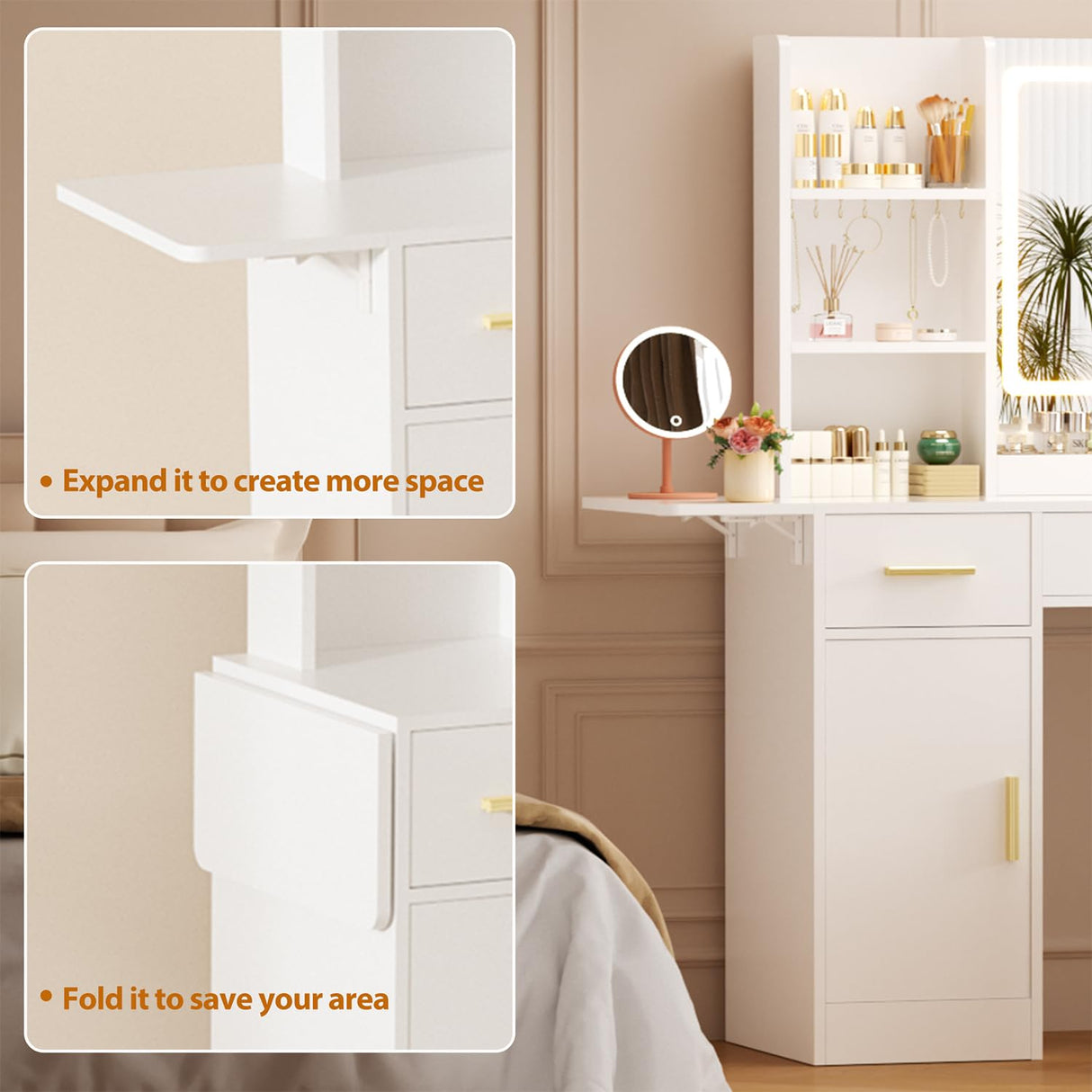 ERLEJIA Vanity Desk with Mirror and Lights & Extral Foldable Desk, 35.43" & 43.3" Makeup Vanity Table with Stool and Plug Outlet, 5 Drawers and Open Shelves Dressing Table for Bedroom, White and Gold ERLEJIA