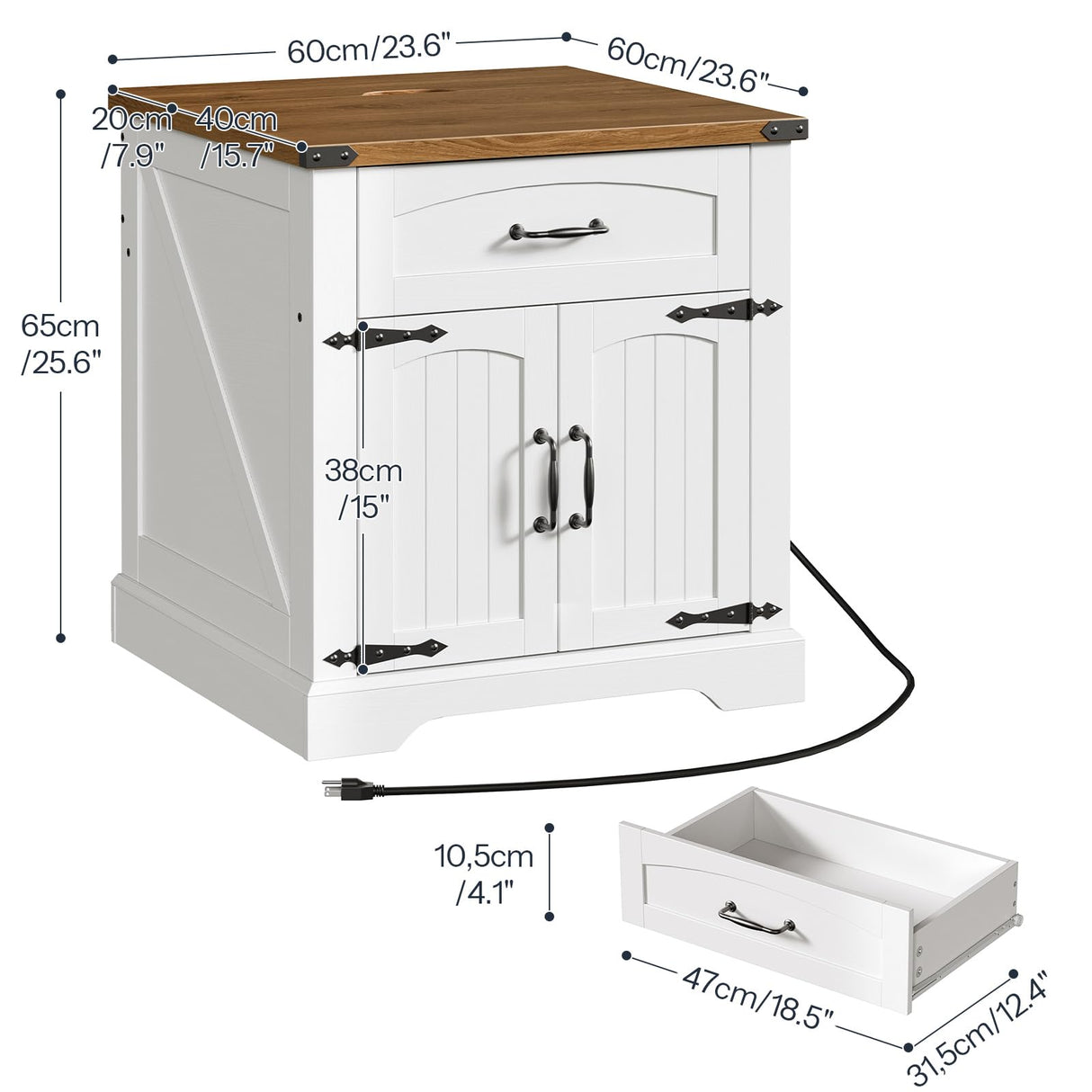 HOOBRO Farmhouse End Tables for Living Room, 23.6" Large End Table with Charging Station, Sofa Side Table with Drawer, Large Square Nightstand, Flip Top, White and Walnut WH605UBZ01 HOOBRO