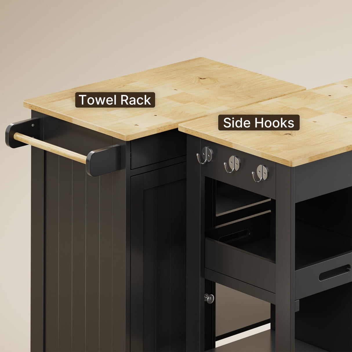 Gizoon Kitchen Island Cart with Solid Wood Top, Rolling Serving Utility Trolley Cart with Drawer, Cabinet, Towel Rack, Hooks and 3 Open Storage Shelves, Mobile Storage Cart for Dining Room, Bar, Black Gizoon