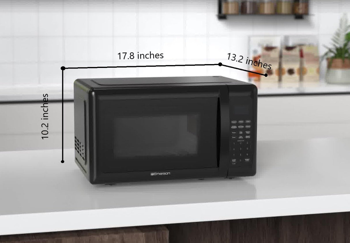 Emerson MW7302B Compact Countertop Microwave Oven with Touch Control, LED Display, 700W, 10 Power Levels, 6 Auto Menus, Glass Turntable and Child Safe Lock, 0.7 Cu., Ft. Black Emerson
