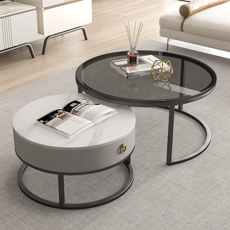 Jerry & Maggie Ø 27.5" Modern Nesting Coffee Table Set of 2, Round Glass Coffee Table & Side Table with Drawer, Tempered Glass & Leather Upholstery, Coffee Tables for Living Room, Small Space Friendly Jerry & Maggie