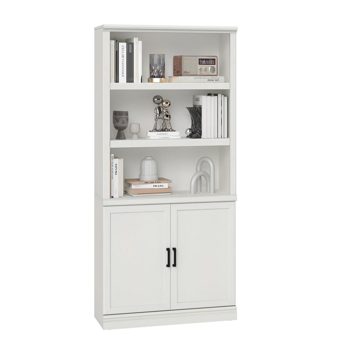 blini 5 Shelf Tall Bookcase with Doors White Bookshelf 31in Wide Display Standing Storage Shelf 72in Tall Wood Book Shelves for Bedroom Living Room Office Library blini