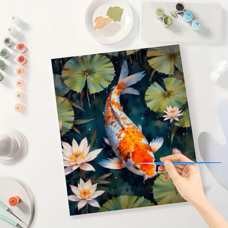 Aquatic Scene Paint by Numbers Kit for Adults - DIY Koi Fish with Lotus Leaves Painting on Canvas 16x20 Inches, Acrylic Paint Set, Suitable for Beginners, Art for Home or Gift TAOPAOLAB