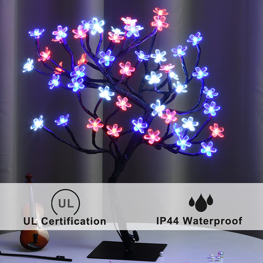 Pooqla 18 Inch 48 LED RGB Cherry Blossom Tree Light with Remote 16 Color-Changing LED Artificial Flower Bonsai Tree Table Top Lamp Home Lit Tree Centerpieces Christmas Decor Pooqla