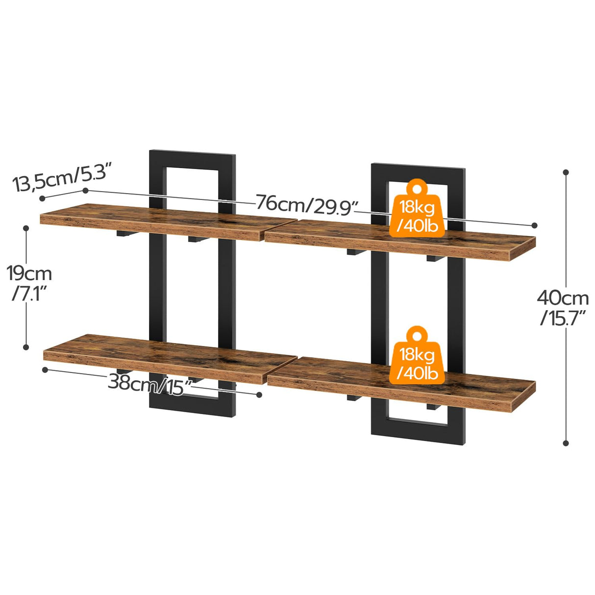 HOOBRO Floating Shelves, 15 Inch Wall Shelf Set of 2, Wall Mounted Storage Shelves 2-Tier, Hanging Bathroom Shelves, for Living Room, Bedroom, Bathroom, Kitchen, Rustic Brown and Black BF32BJ01 HOOBRO
