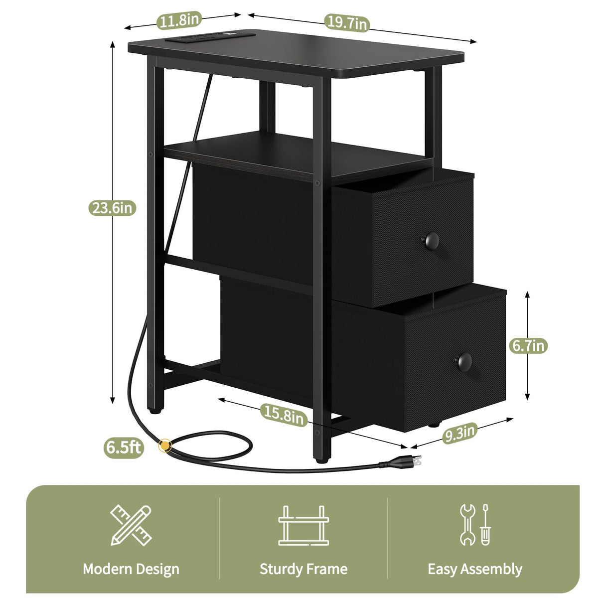 Yoobure End Table with Charging Station, Narrow Side Table LED Small Night Stand, Skinny Nightstand with Fabric Drawers, Bedside Table End Tables Living Room, Side Tables Bedroom for Small Spaces Yoobure