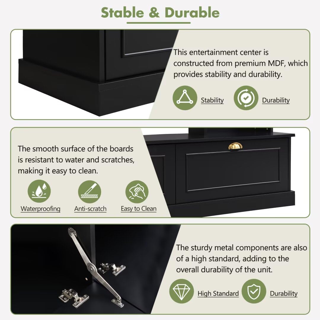 JIJIWANG Large Wall Unit Entertainment Center with Bookshelves for TVs Up to 78'', Modern TV Console with Cabinets and Open Shelves, 4-in-1 TV Stand with Golden Handles, Black, 104.2''W*81.2''H JIJIWANG