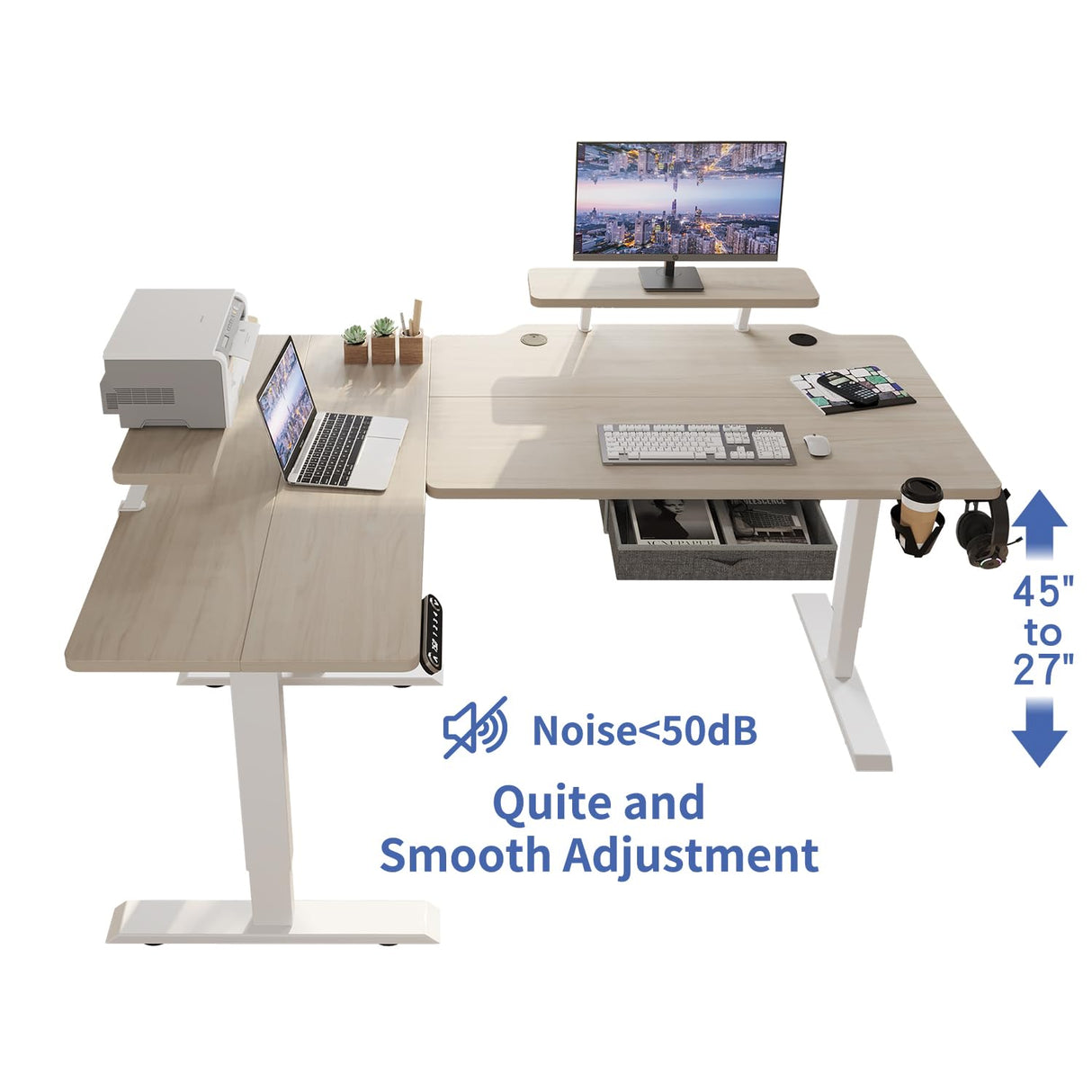 HEONAM Electric L Shape Standing Desk with Drawer, 63x47 Inches Height Adjustable Sit Stand Up Desk with Storage Shelf, Home Office Desk Computer Workstation with White Pearwood Top/White Frame HEONAM