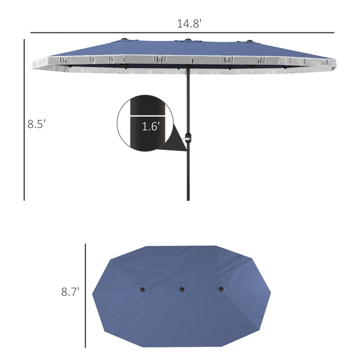 Outsunny 15ft Extra Large Patio Umbrella with Fringe, UPF30+ Double-sided Market Umbrella with Easy Crank Handle, 2 Vents for Garden Pool Lawn, Dark Blue Outsunny