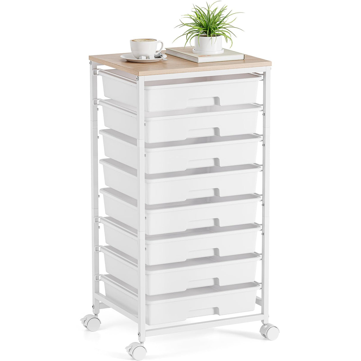 Storage Cart with 8 Drawers, Utility Cart with White Drawers and Wooden Tabletop, Craft Cart, Teacher Organization for Classroom,White TOOLF