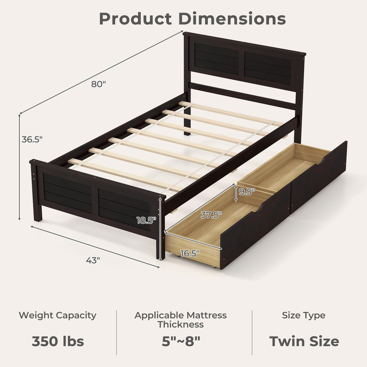 Giantex Espresso Twin Bed with Storage Drawers and Solid Wood Frame Giantex