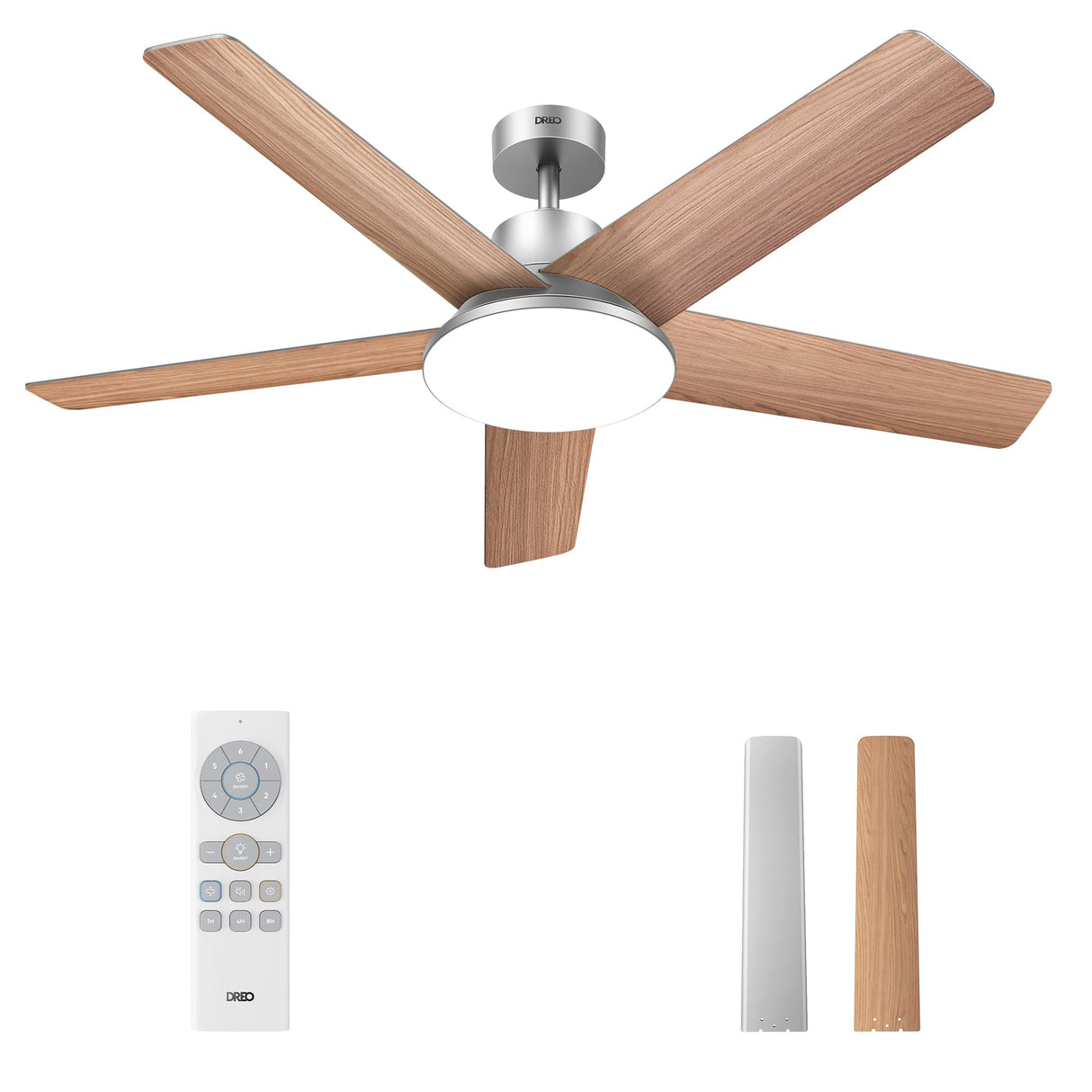 Dreo Ceiling Fans with Lights and Remote, 52 Inch, 6 Speeds, 5 Color Tones Dimmable LED, Quiet Reversible DC Motor, 8H Timer, Silver Ceiling Fan for Bedroom, Living Room, Easy to Install Dreo