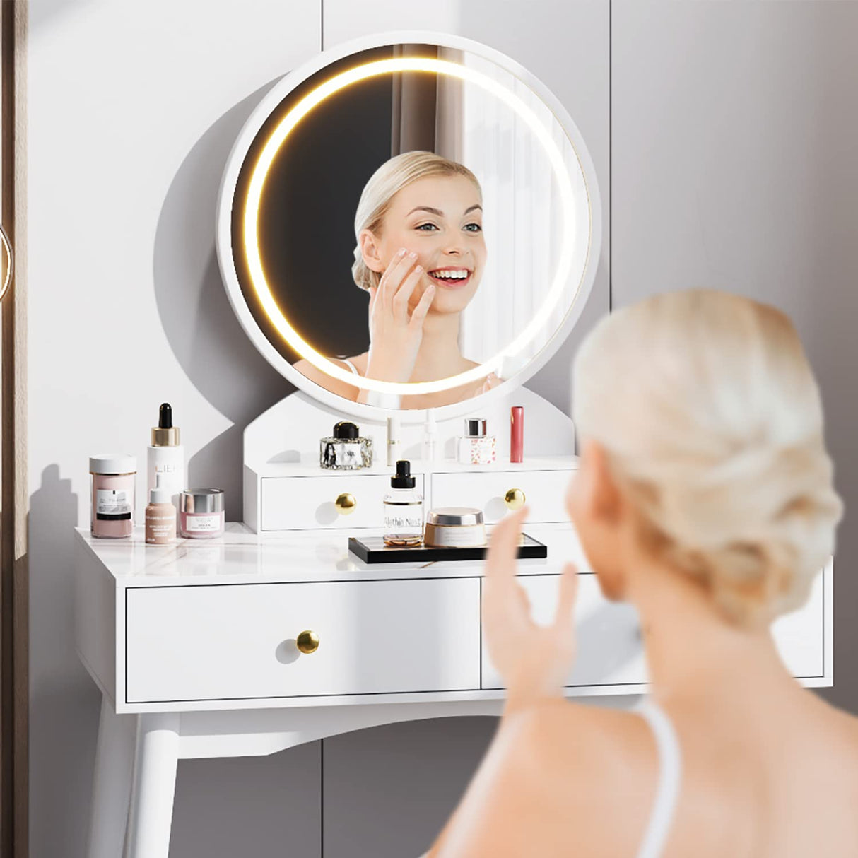 Furmax Vanity Desk Makeup Vanity Table with Lighted Mirror Vanity Set with Modern Desktop, Soft Cushioned Stool, 4 Storage Drawers, 3 Colors Mirror Brightness Adjustable (White) Furmax