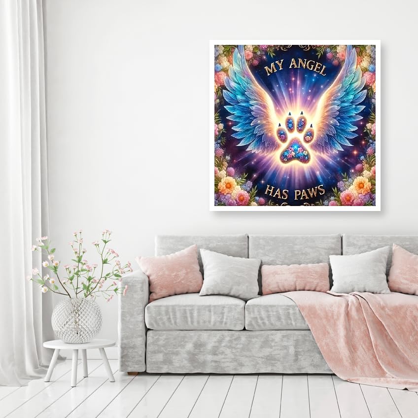 MOMDEDP 5D Angel Diamond Painting Kits for Adults, Angel Wings Flowers Diamond Art Kit for Beginners, Angel Paws DIY Full Round Diamond Art Craft Kits for Adult for Wall Decor 12x12 Inch MOMDEDP