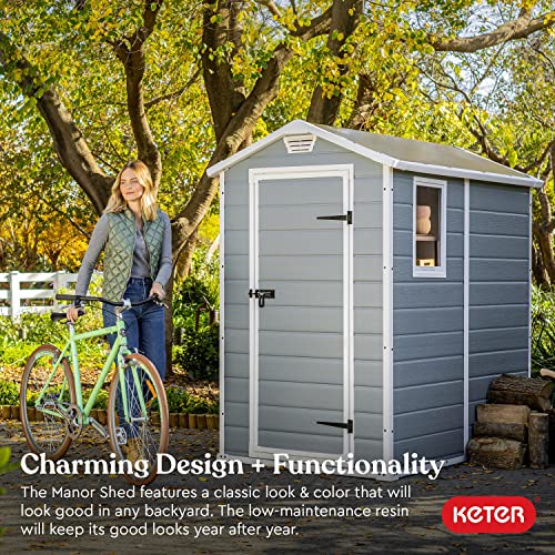 Keter Manor 4x6 Resin Outdoor Storage Shed Kit-Perfect to Store Patio Furniture, Garden Tools Bike Accessories, Beach Chairs and Lawn Mower, Grey & White KETER