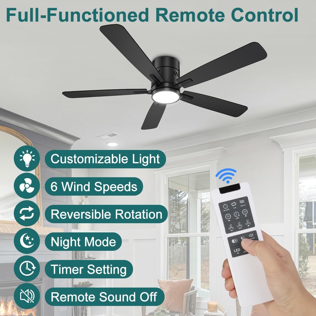 kadision 48 inch Flush Mount Ceiling Fans with Lights, 6-Speed Reversible Quite Motor, 6CCT Light Brightness Adjustable, Morden Low Profile Ceiling Fan for Bedroom Living Room, Black kadision